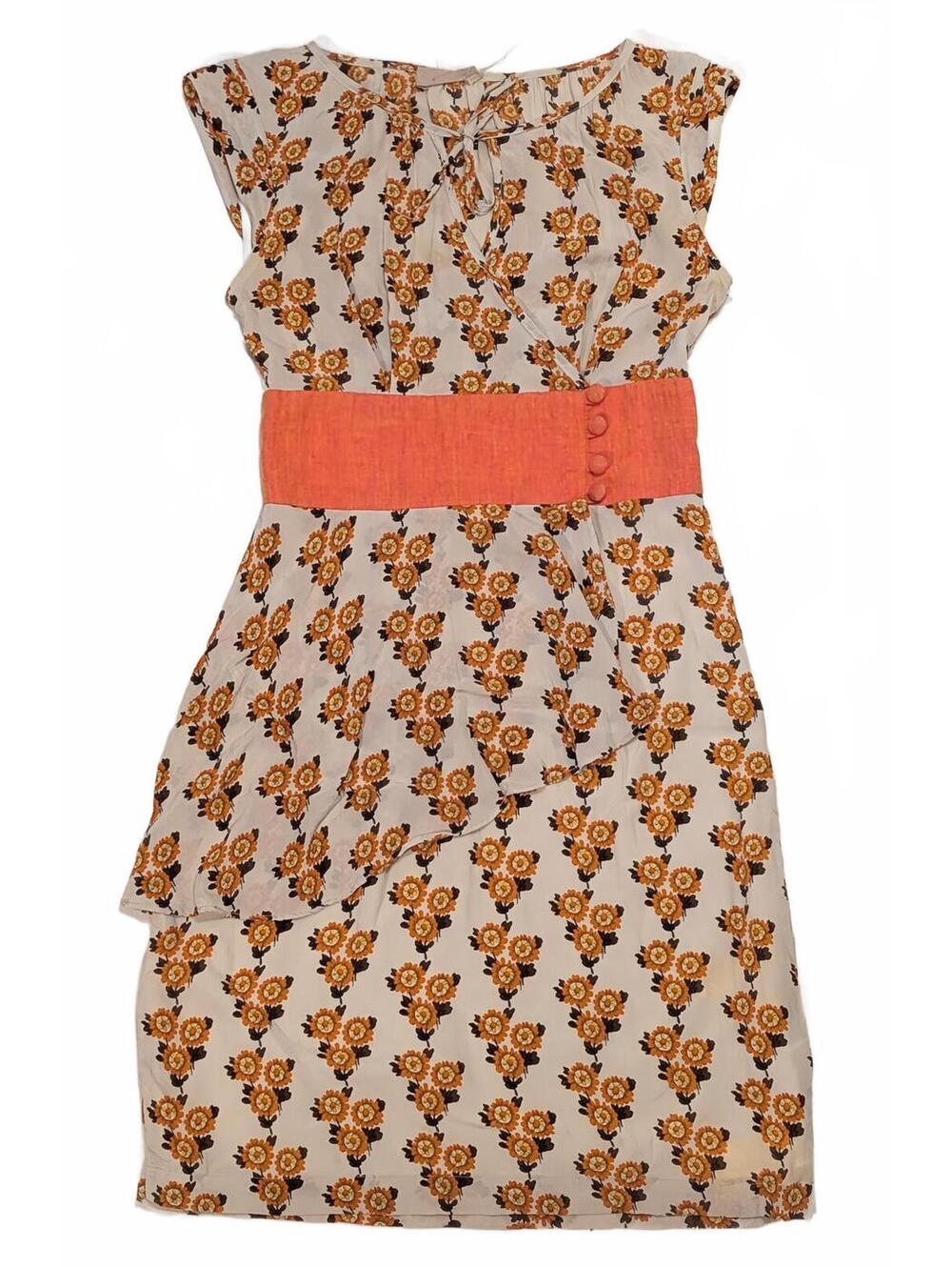 Burlap Orange Beige Floral 100% Silk Dress Medium